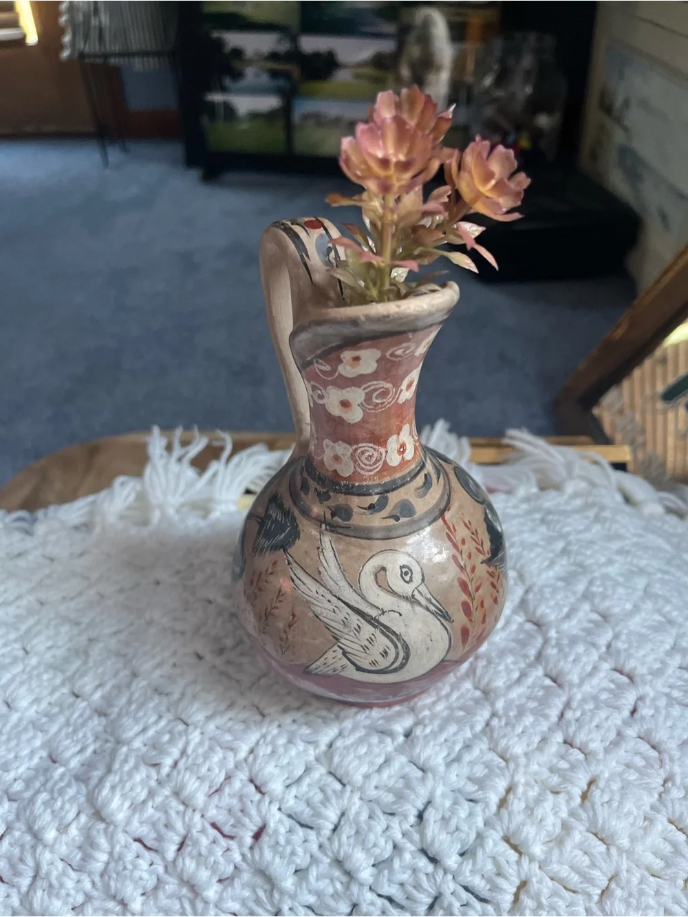 Vintage Mexican sm. pottery pitcher, Tonala hand painted burnished glaze